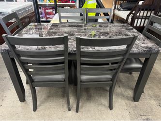 BRAND NEW Dining Set, Marble Top Design, 6 Chairs, Gray