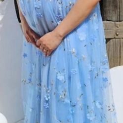 Baby Blue Floral Tulle Babyshower Maternity Dress