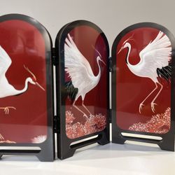 Chinese Style Mini Folding Screen – Red Crane Design, 3-Panel Desktop Decor