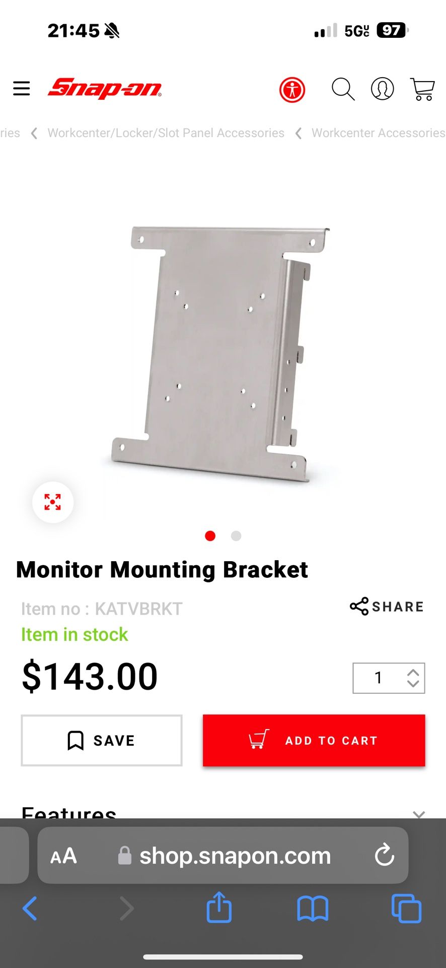 Snap On Hutch Monitor Mount 