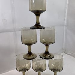 6x VYG MCM Wine Water Glass Goblet Libbey Tawny Accent Smoke Brown Stemmed