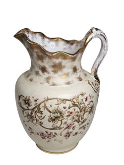 Antique Warwick China Pitcher Jar Vase Gold Gilded Floral Pattern Jug Victorian 13" tall