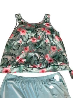Pink & green floral print swimwear set with pink hibiscus flowers and green leaves. Inside padded cups. Size 3XL