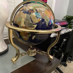 19" H Blue Lapis Semi-Precious Gemstone World Globe w/Compass & Gold Stand