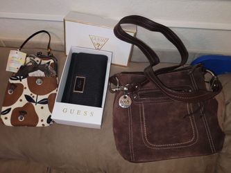 3 accessories- Guess Wallet, a.n.a Suede Handbag, and Japanese Ripple Crossbody Bag Bundle