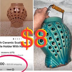 $8 Beautiful Large 🐚 Shell Lantern/Candle Holders like new ceramic 9 inches tall perfect for a 🎁