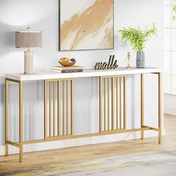 Tribesigns 70.9 Inch Extra Long Console Table White and Gold Table Narrow Long Entryway Table for Living Room