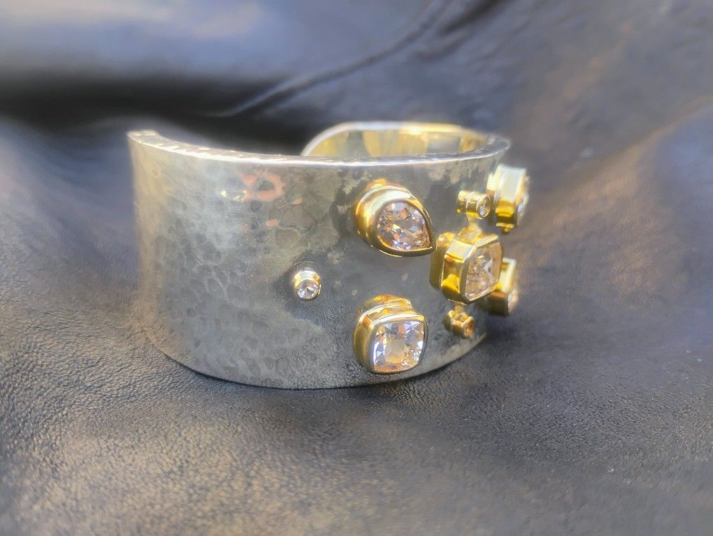 Thistle & Bee Hammered Cuff Sterling Silver With 18k Gold Vermeil Bezels