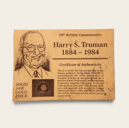 1984 Harry S. Truman Solid 14K Gold Centennial Commemorative w/ Certificate