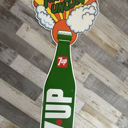 7UP THE UNCOLA BOTTLE DOUBLE SIDED TIN DIECUT VERTICAL METAL SIGN