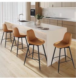Bar Stools Set of 4, Counter Height, with Back, 24.8-Inch PU Leather, Ergonomic Backrest, Metal Legs, for Kitchen Island, Easy Assembly, Caramel Brown