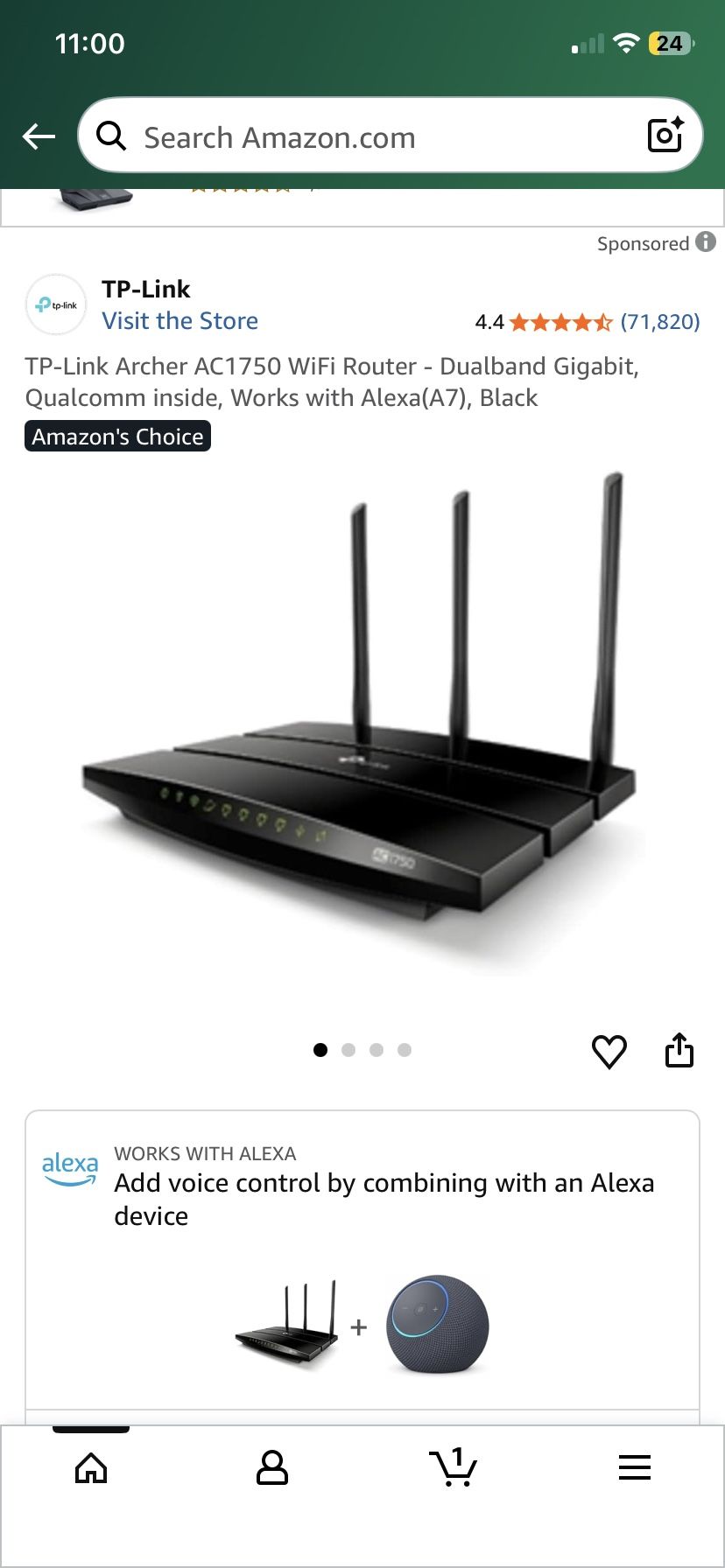TP-Link Archer AC1750 WiFi Router - Dualband Gigabit, Qualcomm inside, Works with Alexa(A7), Black