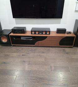 87" Modern Walnut & Black Media Console / Entertainment Center.