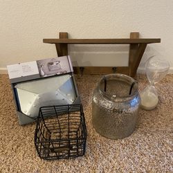 Home Decor - Wood Shelf - Bin - Candle Holder