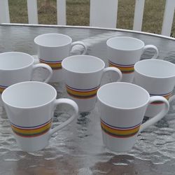 7 Crate & Barrel Cirque 11 oz Coffee Mugs Rainbow Horizontal Stripes