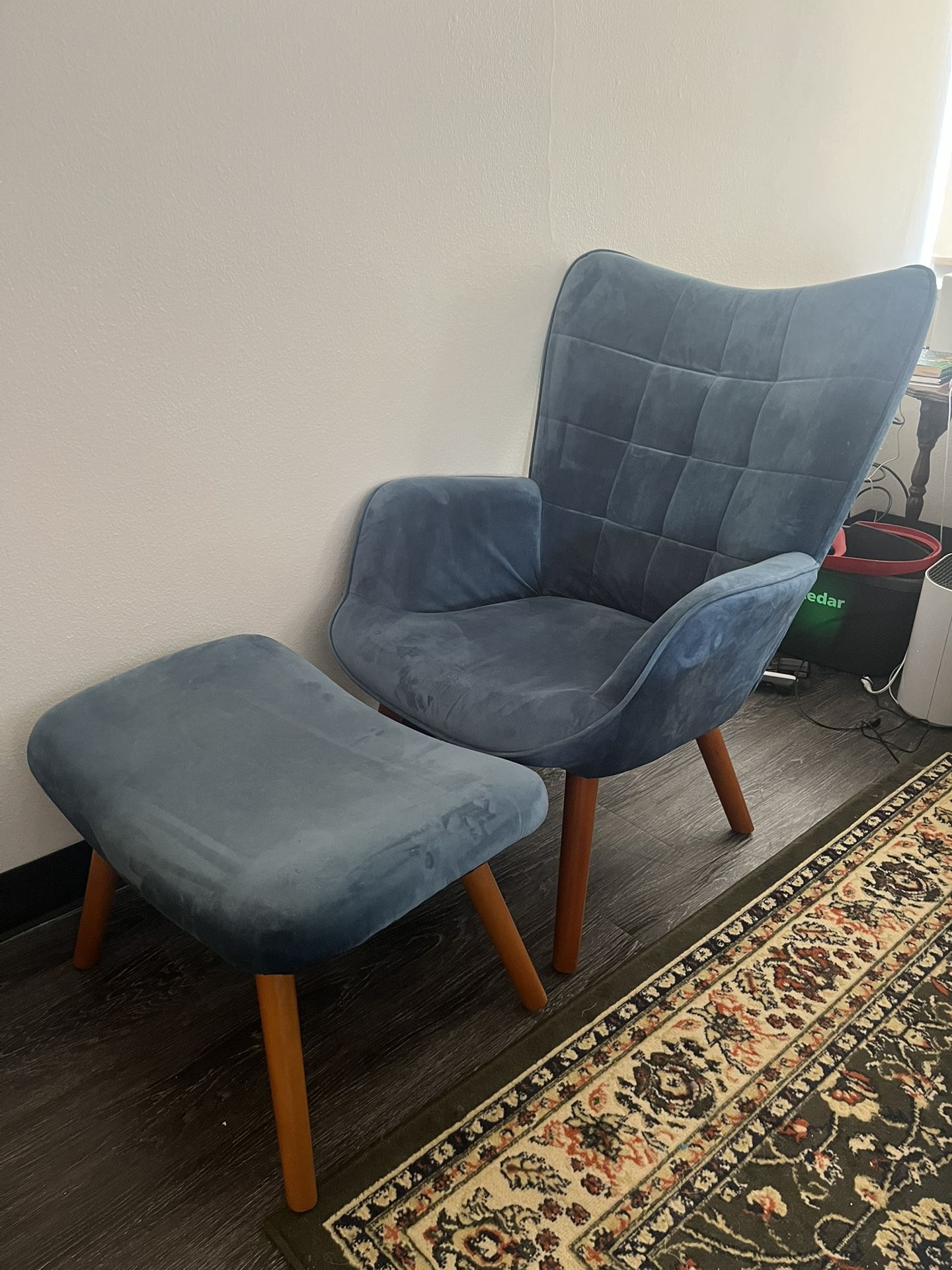 Blue Velvet Wingback Accent Chair & Ottoman