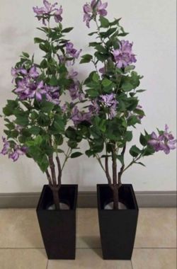 *** JUST REDUCED *** PAIR of 50" Faux Purple Hibiscuses in 16" Black Planters (2 for $80) @ Lasting Creations