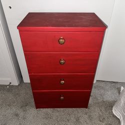 Vintage 1970’s red wood dresser 4 drawers small bedroom storage furniture gold