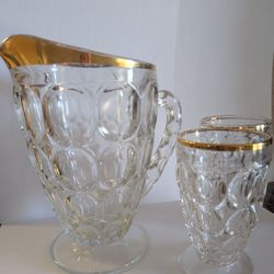 VINTAGE MCM JEANETTE GLASS CLEAR THUMBPRINT w/ GOLD RIM PITCHER & JUICE GLASSES