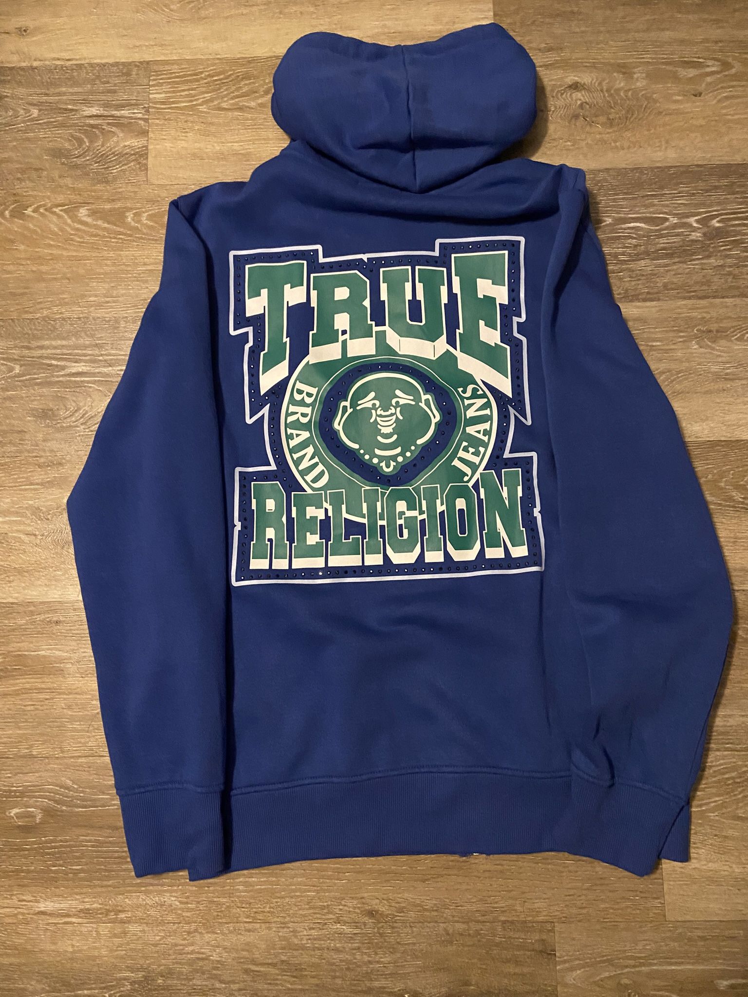 Blue And Green True Religion Hoodie With Rhinestones