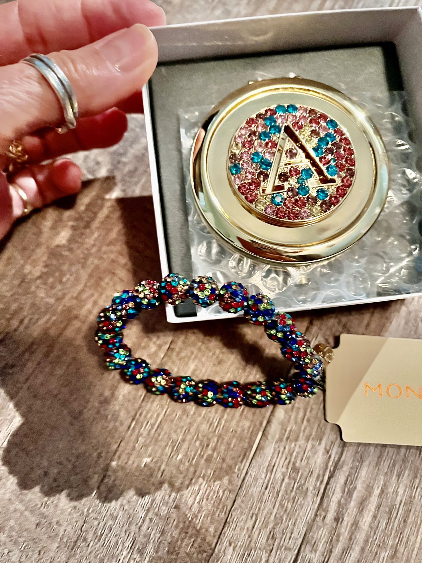New!!  Great Gift.  Colorful Crystal Brad Bracelet And Initial Compact Mirror.  Brand New With Tags.   NWT $15 For Both Items 