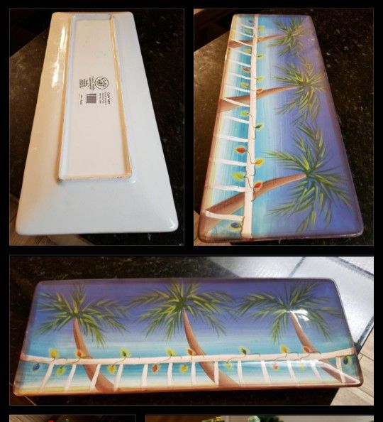 Christmas Platter, ceramic With Palm Trees open box new 19" L x 7" W