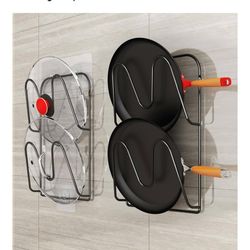 2 Pack Pot-Lid-Organizer, 4-Tier Pot-Lid-Holder for Cabinet Door/Wall, No Drilling Adhesive Wall/Door Mounted Rustproof Pots and Pans Lid Storage Rack