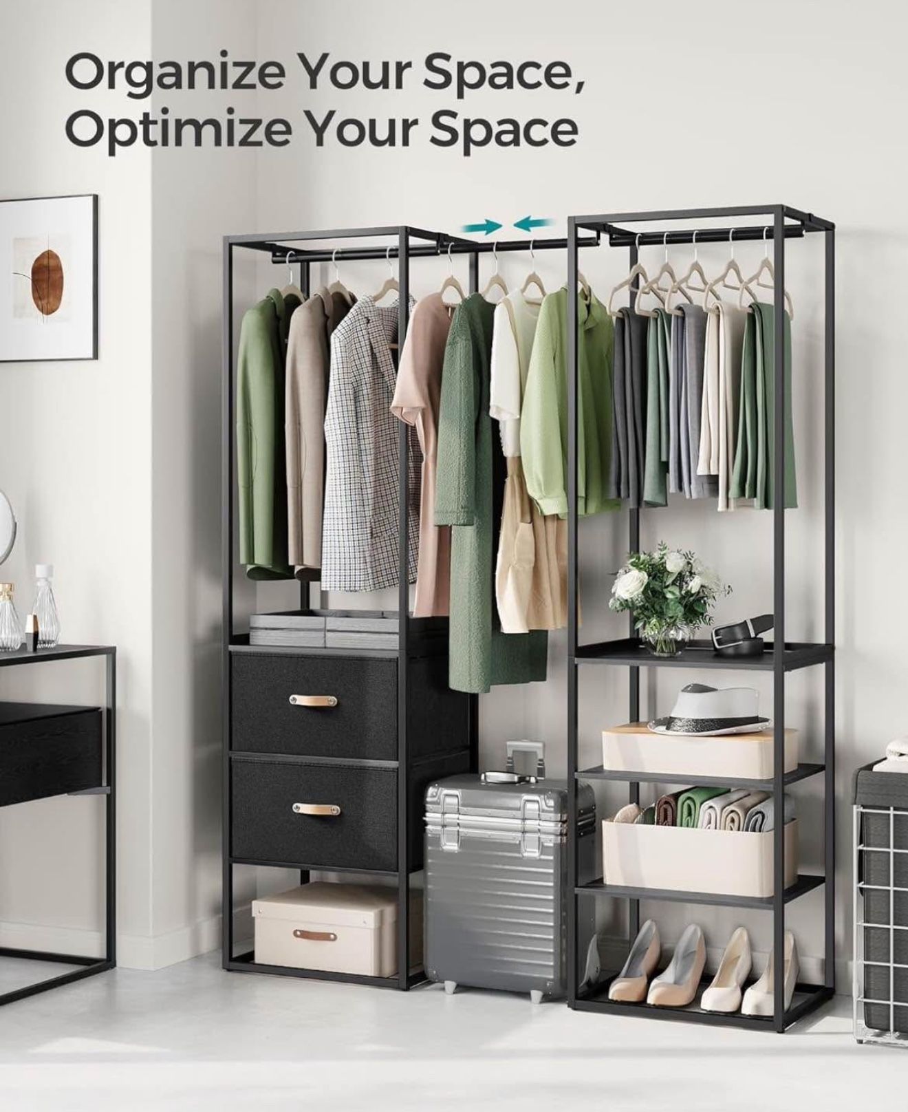 Clothes Rack, 70.9 Inch Wardrobe Freestanding Closet, Heavy Duty Garment Rack with 1 Extendable Hanging Rod, 2 Drawers and 4 Shelves, for Bedroom, Spa