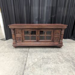 Traditional Brown Wood Media Console with Glass Doors