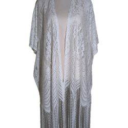 Women's White Lace Fringe Cover Up Duster Kimono Shawl Lingerie Size Small Brand Ember