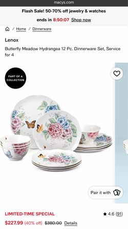 Lenox Butterfly Meadow Hydrangea 12 Pc. Dinnerware Set, Service for 4
