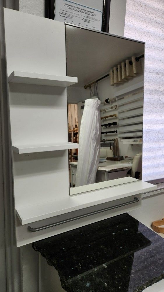 Mirror With Shelves and Towel Bar