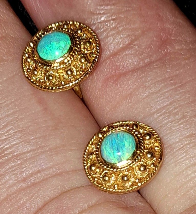 Solid 24k Antique Chinese Gold Filigree and Opal Earrings.