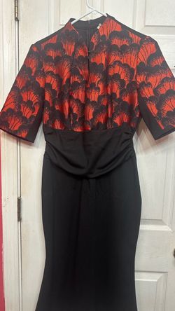 VFEMAGE Black & Red Floral Jacquard Pencil Dress – Size 12