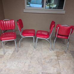 4 red vinyl and chrome 1950s cafe kitchen chairs