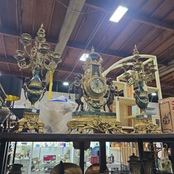 Ornate Antique Clock & Candelabra Set – Gold Gilt, Bronze & Marble