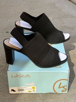 NEW LifeStride Women’s Black Slingback Knit Open Toe Heels Sandals - Size 9