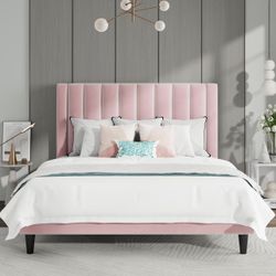 Pink Queen size Bed Frame/Velvet Upholstered Platform Bed Frame with Headboard 