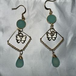 Aquamarine Crystal White Butterfly Diamond Drop Earrings