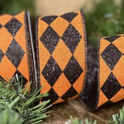 Double Layer Harlequin Orange and Black Ribbon with Glitter Halloween Crafts