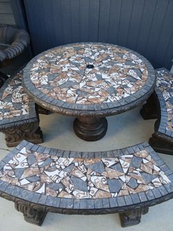 Concrete Patio Table and Bench Set