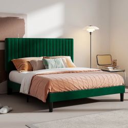 Full Upholstered Platform Bed Frame with Vertical Channel Tufted Velvet Fabric Adjustable Headboard, Wooden Slats Support, Mattress Foundati