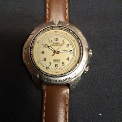 Timex Expedition Indiglo Alarm Brown Leather Strap Analog Watch Date Shenmue