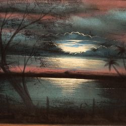 Large  vintage airbrushed island scene  painting in frame
