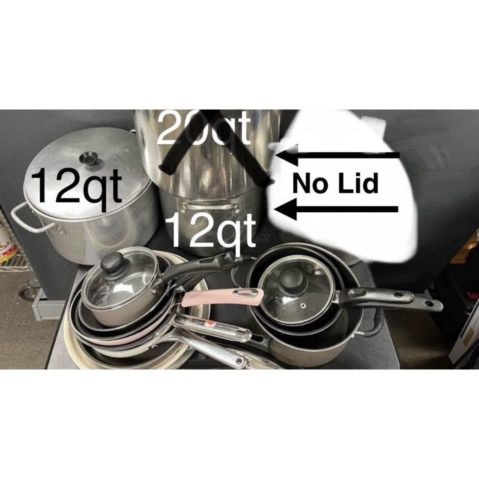 Sauce Pan, Frying Pan, Stock Pot. XSmall $1ea. Small $3ea. Medium $5ea. Lrg $7ea. XLrg $9ea.