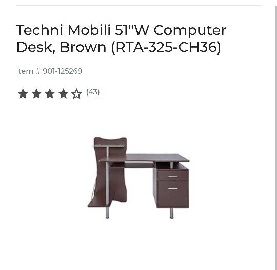 Techni Mobili 51" W Computer Desk , Brown ( RTA - 325 - CH36 ) 