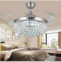 36inch Chandelier Ceiling Fan Light, Modern Retractable Invisible Ceiling Fan Light Remote Control 4 Retractable ABS Blades for Bedroom Living Room Di