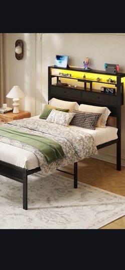 Black Metal Bed Frame with Storage Headboard