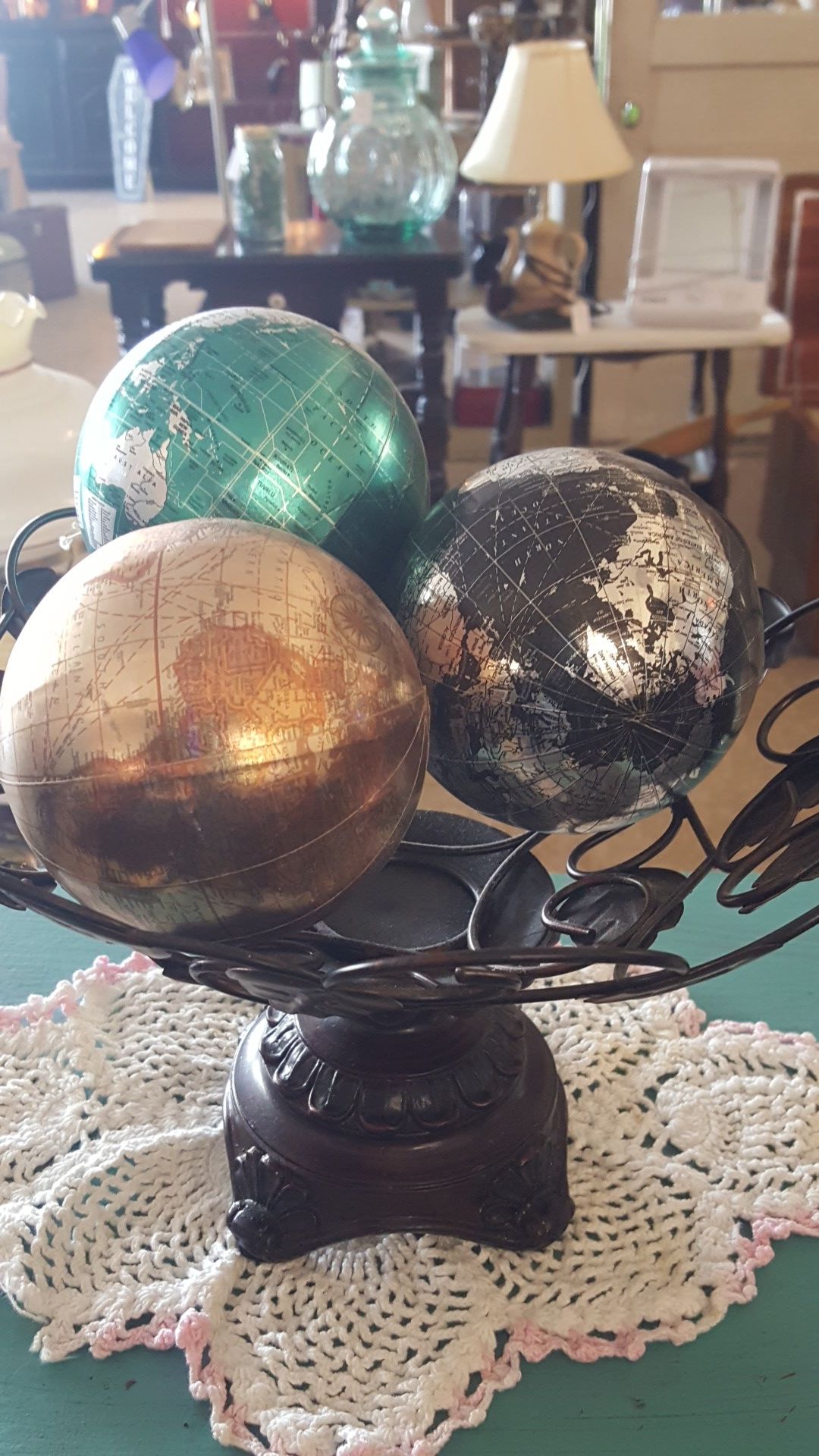 Metal Pedestal Bowl with 3 World Globe Orbs