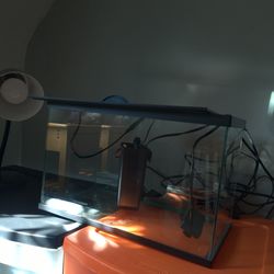 5 gallon fish tank with built in LED light in the lid and comes with a heater for the fish and also a filter.